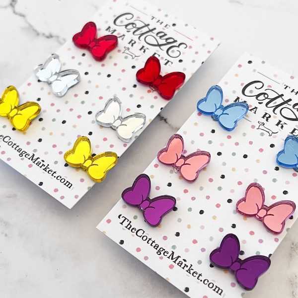 Set of 3 Minnie Mirror Bow Stud Earrings Your Choice of 12 Colors/ Minnie Stud Earrings/ Minnie Bow Stud Earrings/ Bow Earring/ Bow Studss/