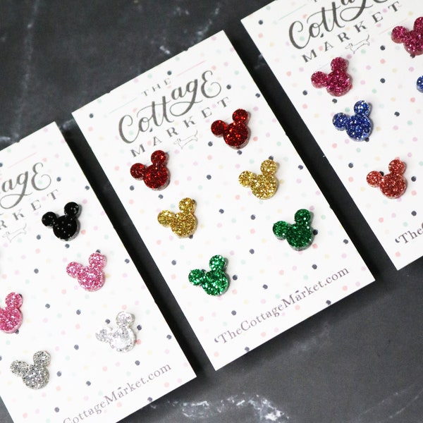 Set of 3 Mickey Inspireired Glitter Stud Earrings Your Choice of 9 Glitter Colors/ Stud Earrings/ Mickey  Glitter Earrings/ Mouse Earrings/