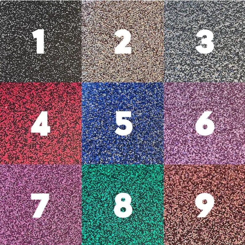 Może przedstawiać: Dziewięć r&oacute;żnych kolor&oacute;w papieru brokatowego, ponumerowanych od 1 do 9. Każdy kwadrat to inny kolor papieru brokatowego.