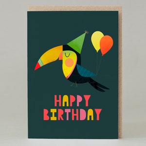 Toucan Birthday Card | Cute Toucan with Party Hat | Stylized Design | Rainbow Colours | Animal Card | 1st Birthday | Toucan Love | Rainbow