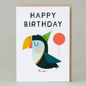 Puffin Happy Birthday card | Colourful Puffin Illustration | Modern Design | Send Card Direct | Rainbow Bird | Puffin With Red Balloon | Kid