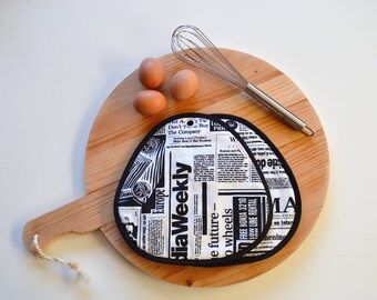 Newspaper Print Potholders: Black & White Kitchen Decor, Set of 2