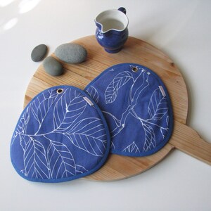 Blue Leaf Print Potholders: Cotton Terrycloth Kitchen Heat Protection (Set of 2) image 6