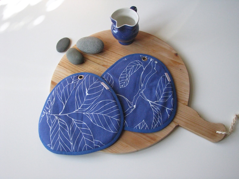 Blue Leaf Print Potholders: Cotton Terrycloth Kitchen Heat Protection (Set of 2) image 6