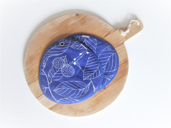 Blue Leaf Print Potholders: Cotton Terrycloth Kitchen Heat Protection (Set of 2)