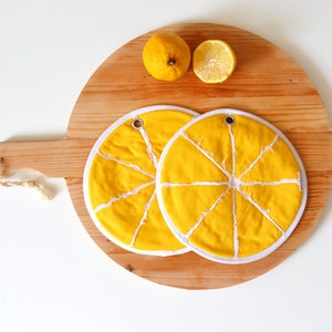 fun housewarming kitchen gift - yellow lemon kitchen potholders - fun hostess gift - vegan kitchen gift