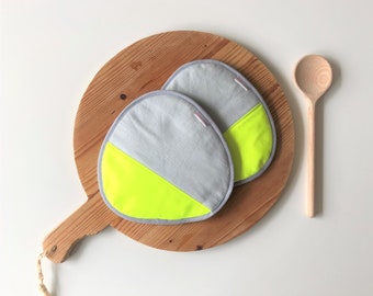 modern kitchen potholders - neon yellow and grey linen pair of potholders - quality modern kitchen gift - housewarming foodie gift idea