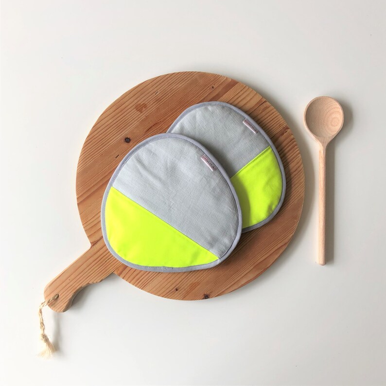 modern kitchen potholders neon yellow and grey linen pair of potholders quality modern kitchen gift housewarming foodie gift idea image 1