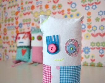 patchwork monster doll - bright decorative cushion doll - bright colours fun soft toy - nursery decor - teen gift - blue eye toy