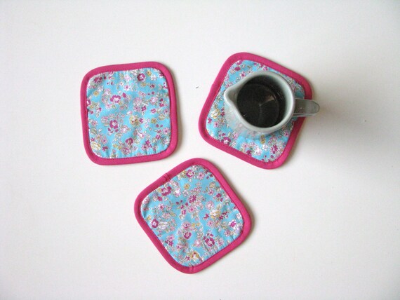 Floral Mug Rugs: Aqua & Pink Cottage Coasters, Set of 3