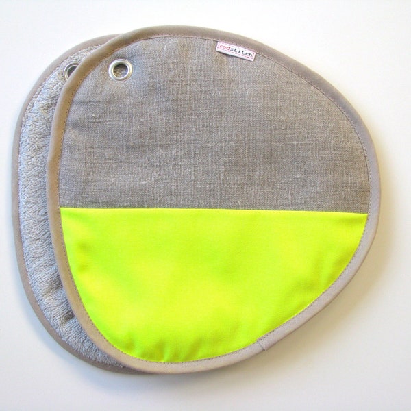 modern potholders - neon yellow and neutral linen pair of potholders - modern home - contemporary kitchen - color block - foodie gift