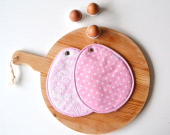 easter potholders - pastel pink easter egg potholders - pink polkadot pastel potholders - hostess gift - foodie gift - easter hostess gift