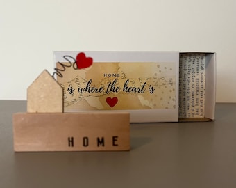 matchbox gift card - minimal wooden house shape shelf decor with heart - home is where the heart is - new home gift - housewarming gift idea