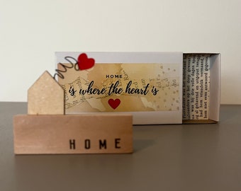 matchbox gift card - minimal wooden house shape shelf decor with heart - home is where the heart is - new home gift - housewarming gift idea