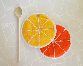 fruit pot holders - citrus potholders - orange and lemon potholders - yellow kitchen potholders - foodie gift