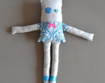 blue stuffed cat - floral stuffed animal - blue cat doll - handmade fabric cat doll - liberty fabric doll - cat lover gift