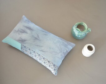 lumbar pillow cover - grey patchwork pillow - hand dyed pillow - aqua cushion cover - rustic home decor