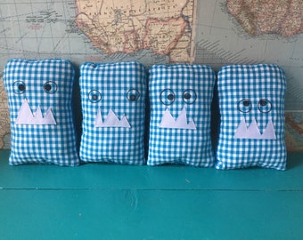 fairy tooth pillow for boy - soft toy for boy - monster pillow doll boy gift - teal aqua gingham boy's tooth fairy monster pillow