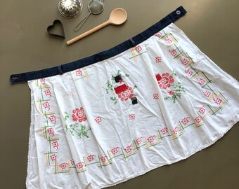 cross stitched apron - white and denim cotton apron - upcycled apron with patches - repurposed vintage tablecloth apron - embroidered apron