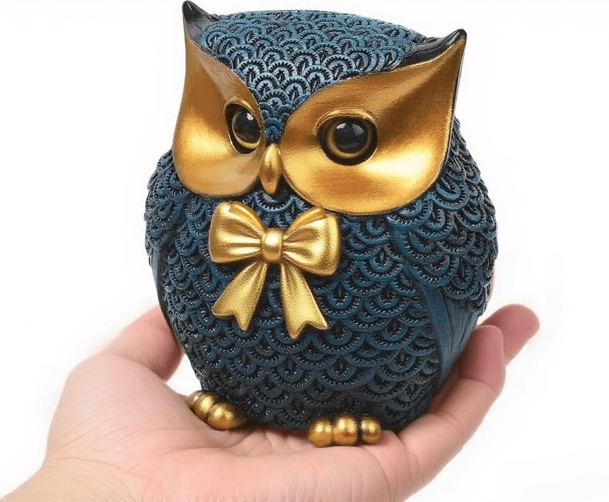 Blue Owl Figurine with Gold Bow - Shelf Decor for Home/Office/Living Room/Desk