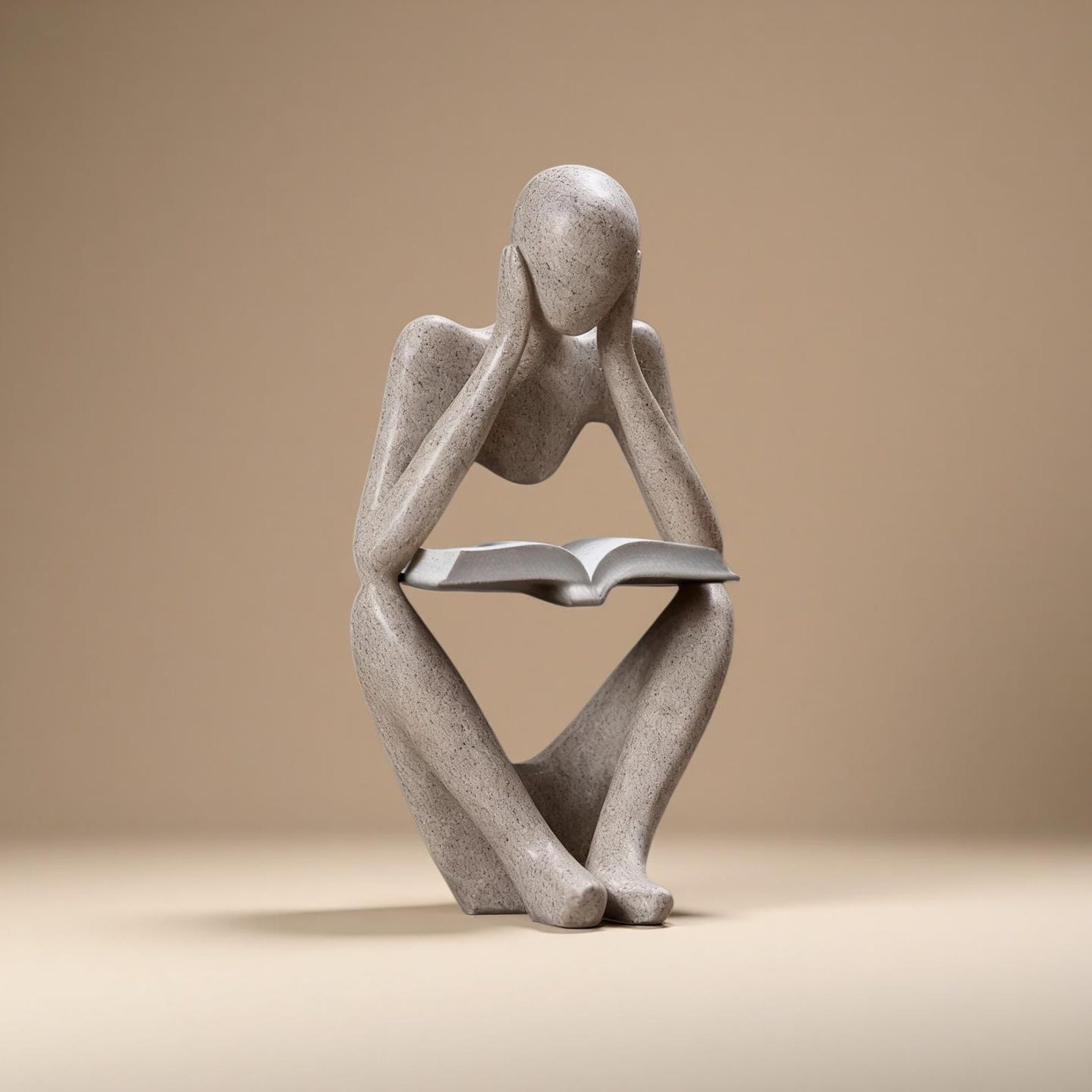 Abstract Thinker with Book Sandstone Sculpture – Desk/Office/Bookshelf Decor