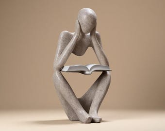 Abstract Thinker with Book Sandstone Sculpture – Desk/Office/Bookshelf Decor