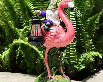 Flamingo Garden Gnome Solar Sculptures Whimsical Outdoor/Yard/Porch Decor Gnome Gifts