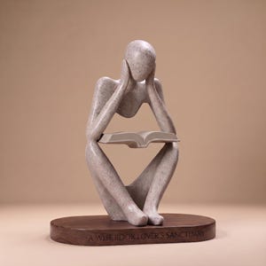 Abstract Thinker with Book Sandstone Sculpture – Desk/Office/Bookshelf Decor