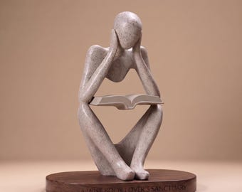 Abstract Thinker with Book Sandstone Sculpture – Desk/Office/Bookshelf Decor