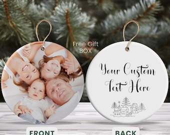 Adorno navideño personalizado de doble cara con foto, texto personalizado y foto familiar como recuerdo.