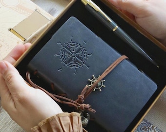 Embossed Compass Leather Journal & Pen Set | Planner for Travel Lover | Meaningful Leather Notebook Gift