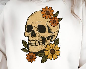 Calavera floral vintage PNG: Diseño de sublimación gótico retro (descarga digital)
