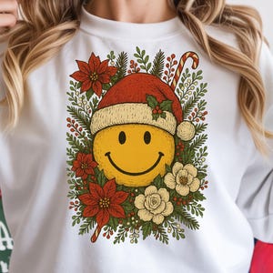 Retro Christmas Smiley Face PNG, Vintage Santa Hat Holiday Floral Clipart, Grunge Christmas Sublimation Design