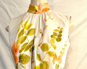 Vintage 60's Alfred Shaheen Floral White Shift Dress with Yellow Orange Coral and Green Flowers Cotton Shift Dress size Small