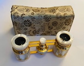 Lovely Vintage French Mother of Pearl Opera Glasses w Gold Flowers and Satin Fitted Case