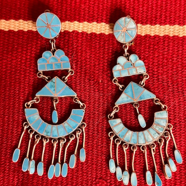 Huge Federico Jimenez Dishta Style Thunder Cloud Design Sterling  and Turquoise Clip Earrings Four Tier Chandelier Earrings