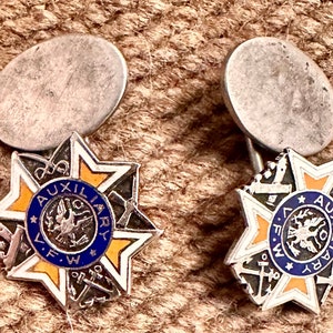 Vintage Enamel Sterling Cufflinks: VFW Auxiliary Army Eagle Logo