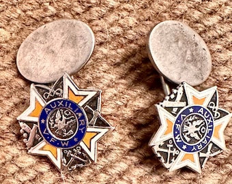 Boutons de manchette auxiliaires VFW émaillés vintage, anciens combattants des guerres étrangères avant la seconde guerre mondiale, logo aigle de l'armée américaine