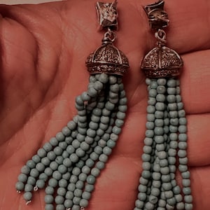 Lovely Turquoise and Diamonds Tassel Dangle Drop Earrings set in Sterling Silver