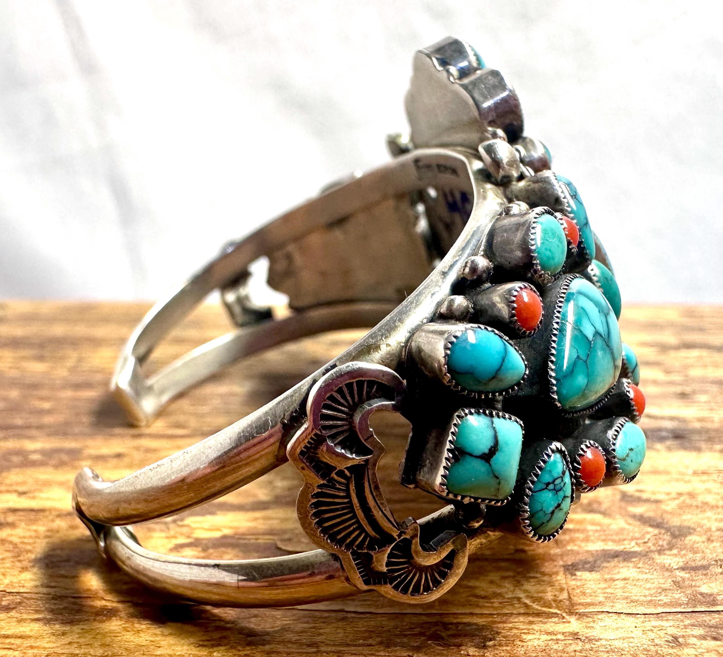 Signed Leo Feeney Turquoise Multi Stone Cluster Cuff Bracelet