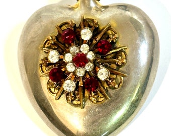 Vintage Heart Shaped Perfume Bottle Brooch with Red & White Rhinestone Starburst