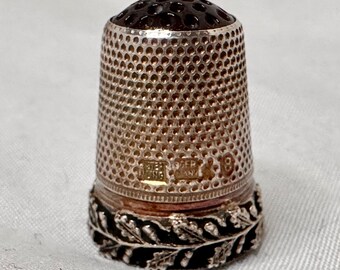 Antique Sterling Silver Thimble Made in Germany Size 8 Red Glass Top Foliate Trim