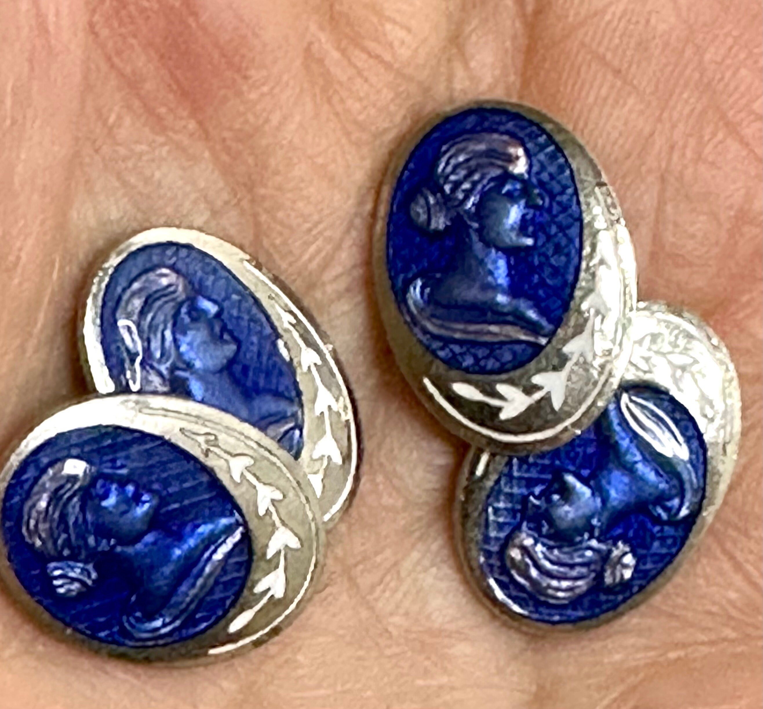 Boutons De Manchette Anciens En émail Bleu Art Déco - Métal Argenté - Occasion Très Bon état