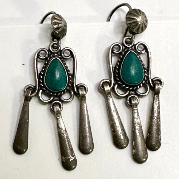 Fred Harvey era Sterling Dangle Teardrop Earrings with Green Stones