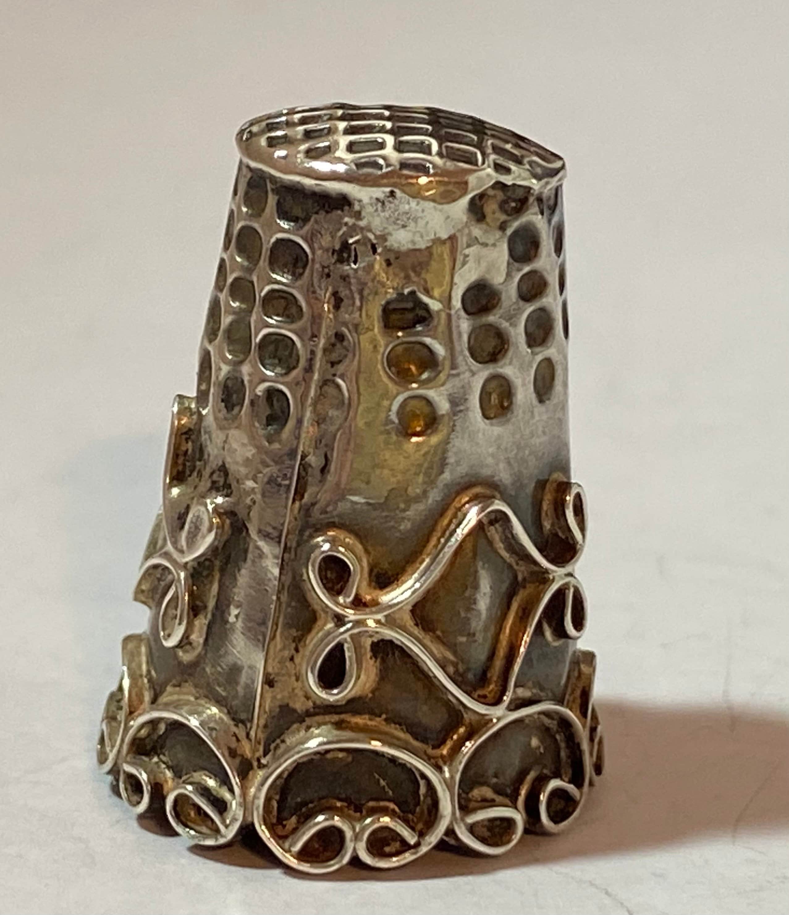 Vintage Taxco Sterling Mexican Ornate Sewing Thimble Applied Sterling Wire