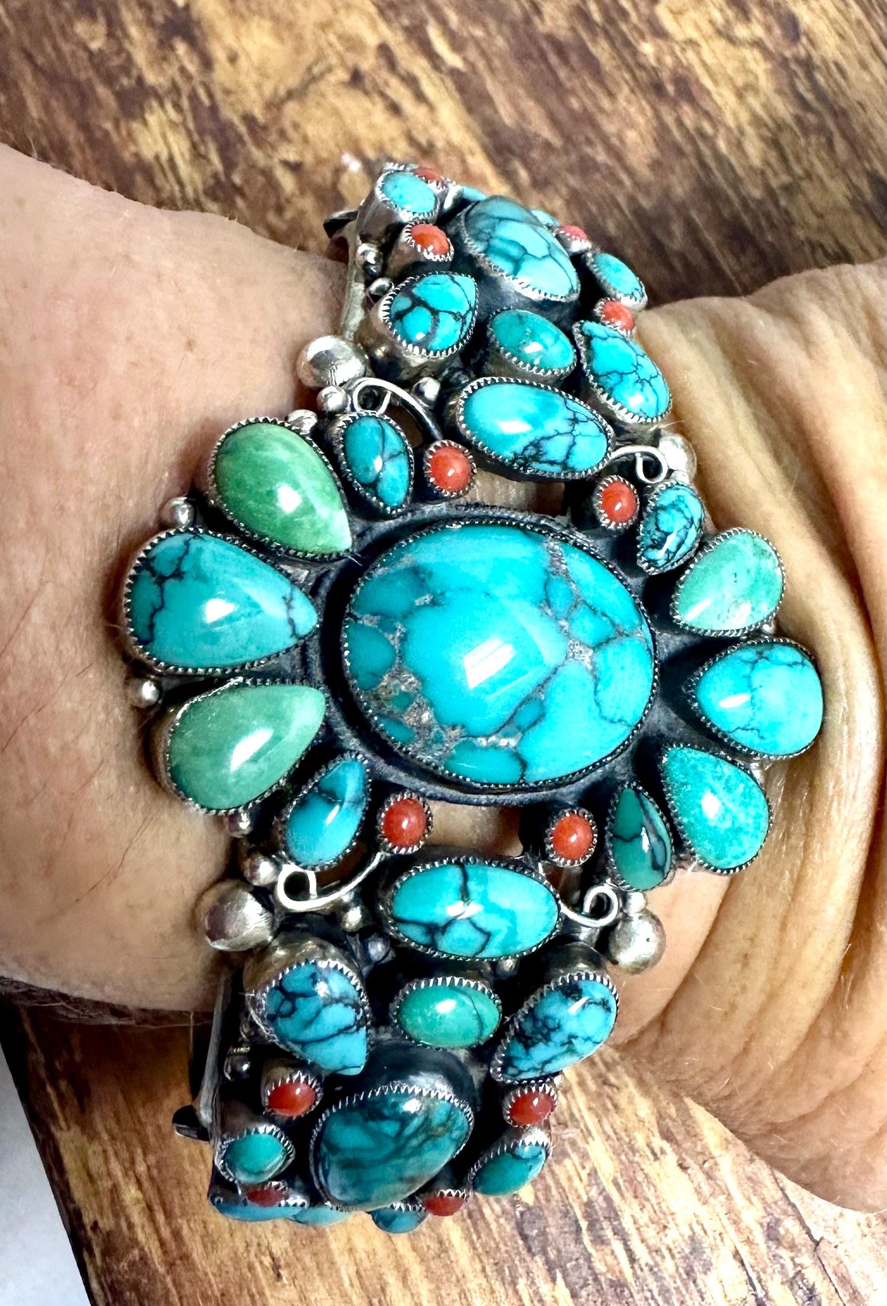 Signed Leo Feeney Turquoise Multi Stone Cluster Cuff Bracelet