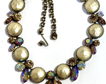 Signed Regency Baroque Pearl Necklace with AB Rhinestones 16 Inches