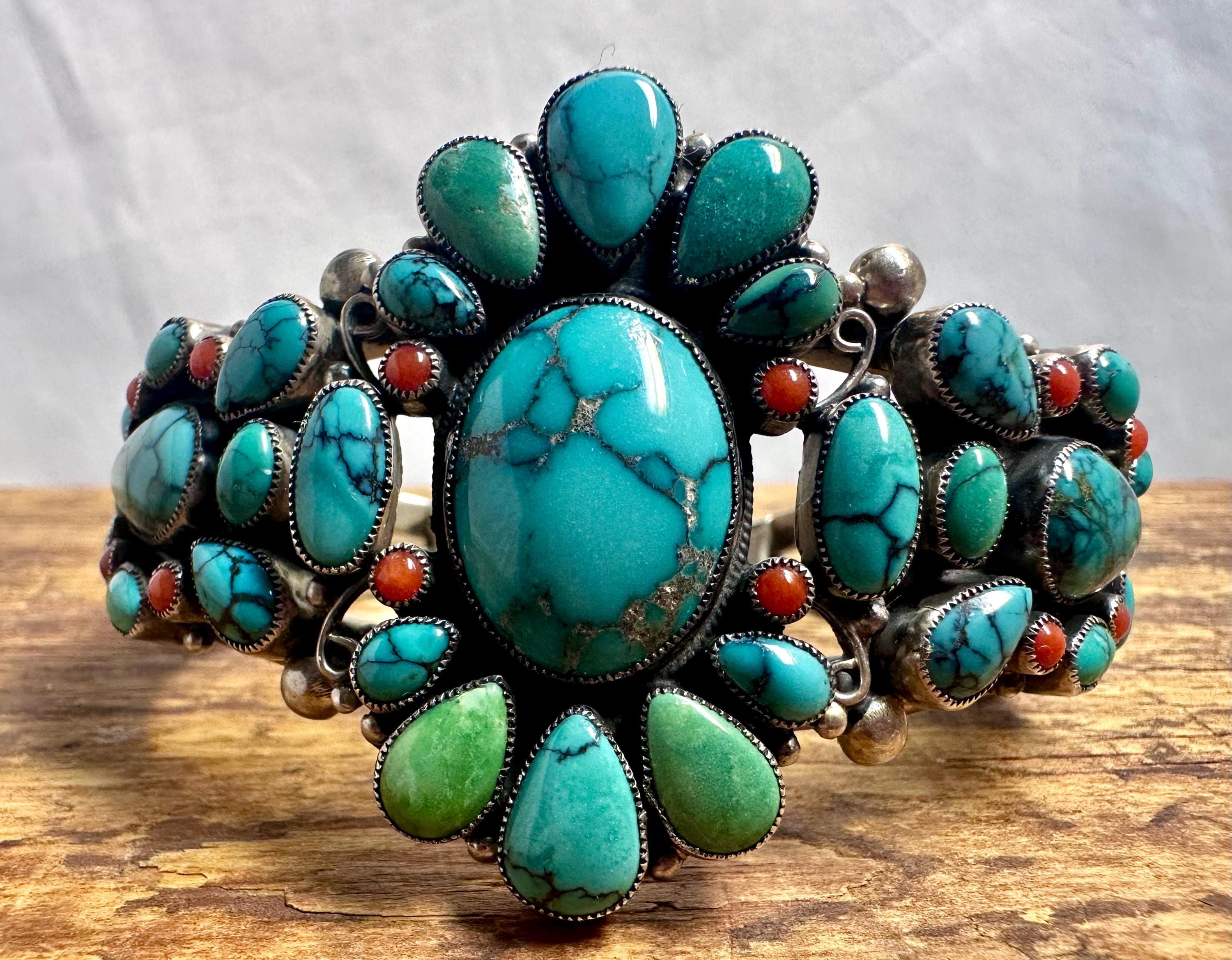 Signed Leo Feeney Turquoise Multi Stone Cluster Cuff Bracelet