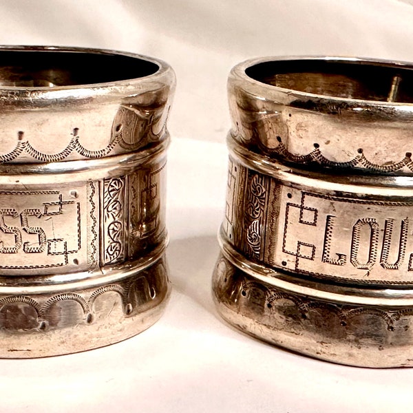 Pair of Engraved Coin Silver Napkin Ring Napkin Rings Monogrammed Bess and Lou
