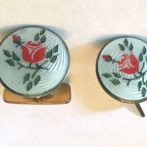 Aksel Holmsen Norway Sterling Guilloche Enamel Cufflinks w/ Roses